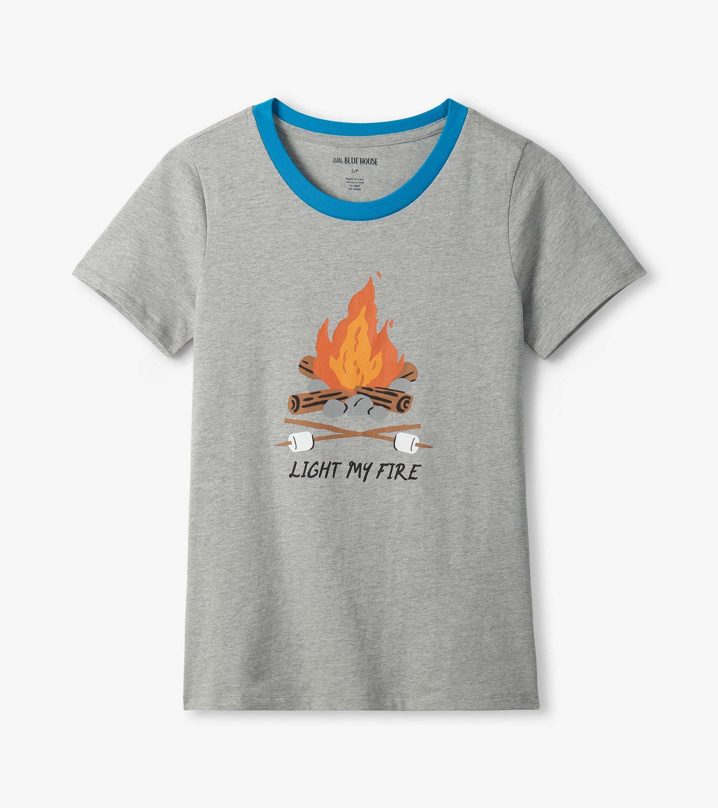 Gray short-sleeve pajama T-shirt with blue trim and campfire graphic reading “Light My Fire”