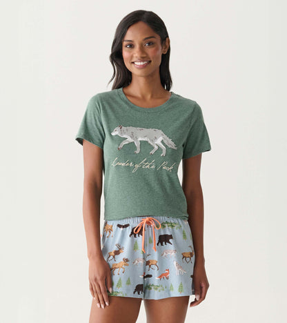 Green short-sleeve pajama T-shirt with wolf graphic and “Leaders of the Pack” text, front view