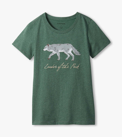Green short-sleeve pajama T-shirt with wolf graphic and “Leaders of the Pack” text, front view