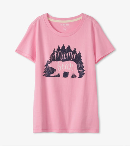 Pink short-sleeve pajama T-shirt with crew neck and bear graphic reading "Mama Bear