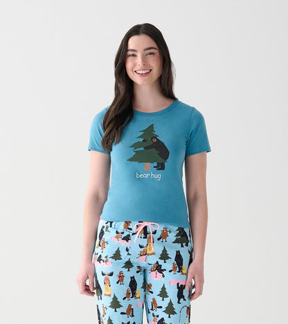 Front view of blue women's pajama T-shirt with bear hugging a tree graphic and "bear hug" text