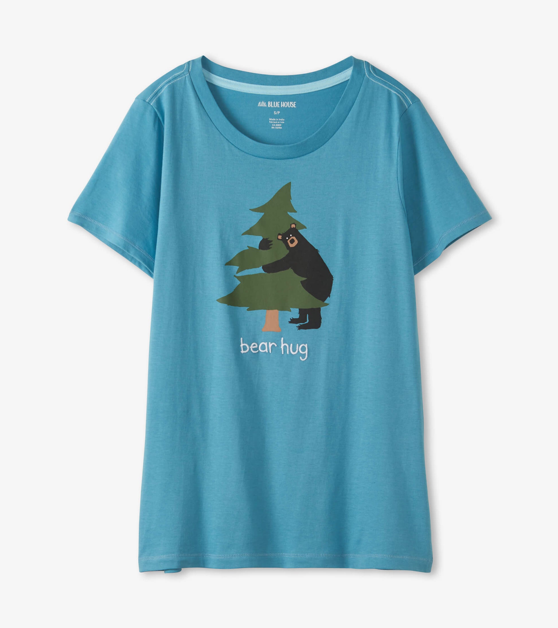 Blue women's pajama T-shirt laid flat with bear hugging a tree graphic and "bear hug" text