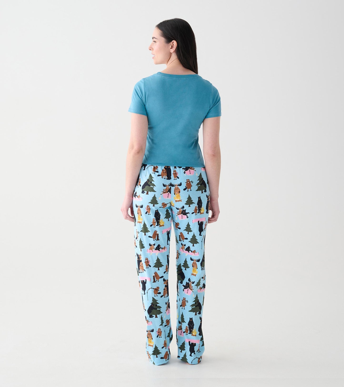 Back view of blue women's short sleeve pajama T-shirt shown with matching light blue animal print pants