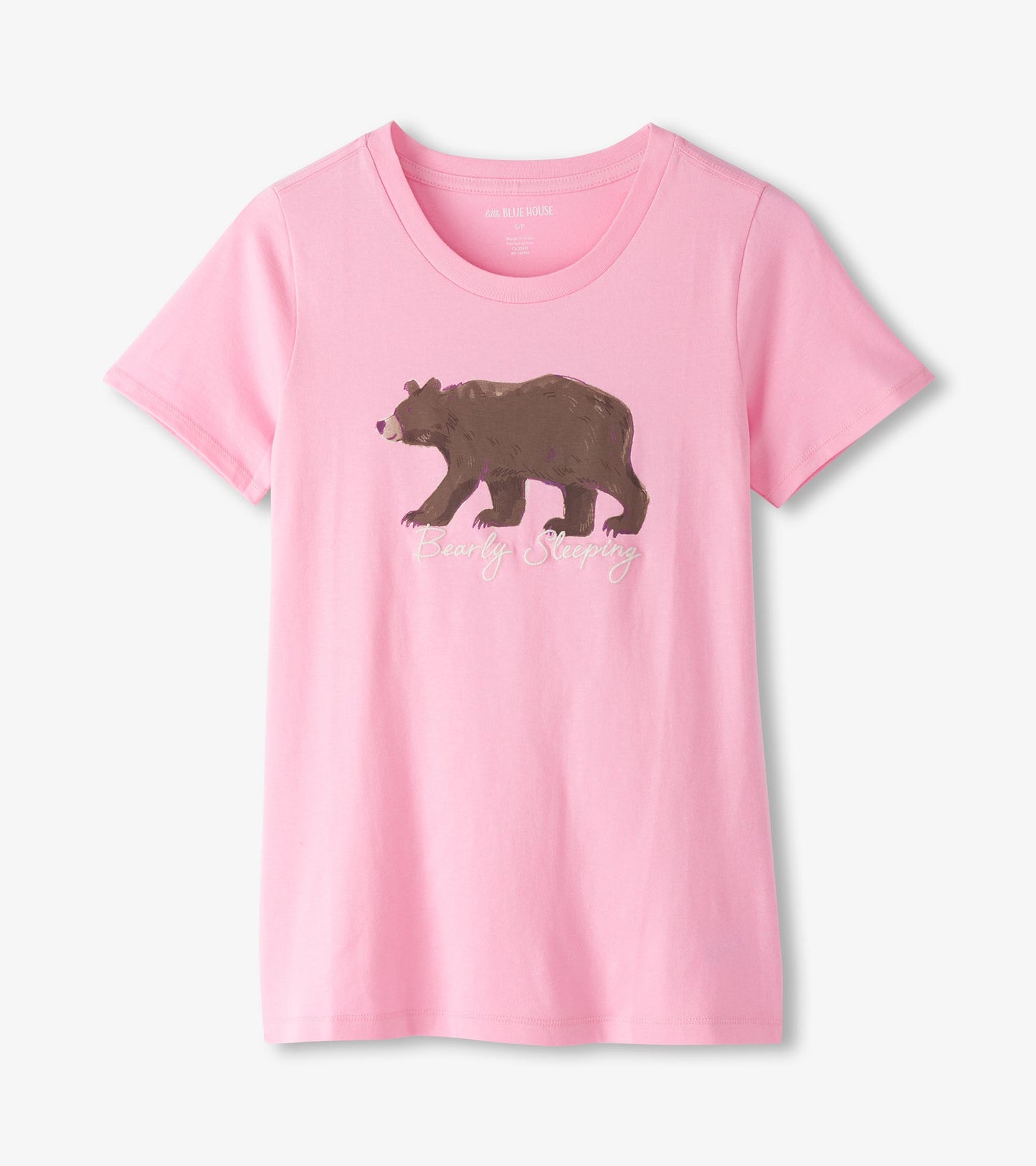 Pink short-sleeve pajama T-shirt with a bear graphic and “Bearly Sleeping” text on the front.