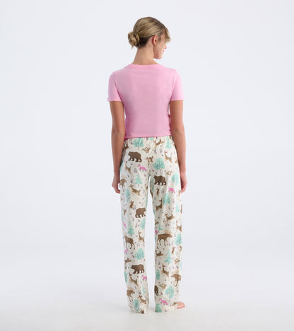 Back view of a pink short-sleeve pajama T-shirt with cream animal-print pajama pants