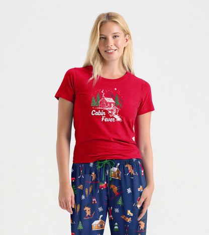 Red short-sleeve pajama t-shirt featuring a cabin graphic and "Cabin Fever" text, perfect for winter lounging.