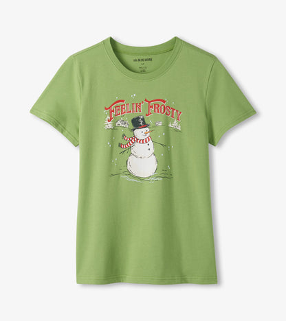 Front of sage green pajama T-shirt with 'Feelin' Frosty' snowman graphic and short sleeves