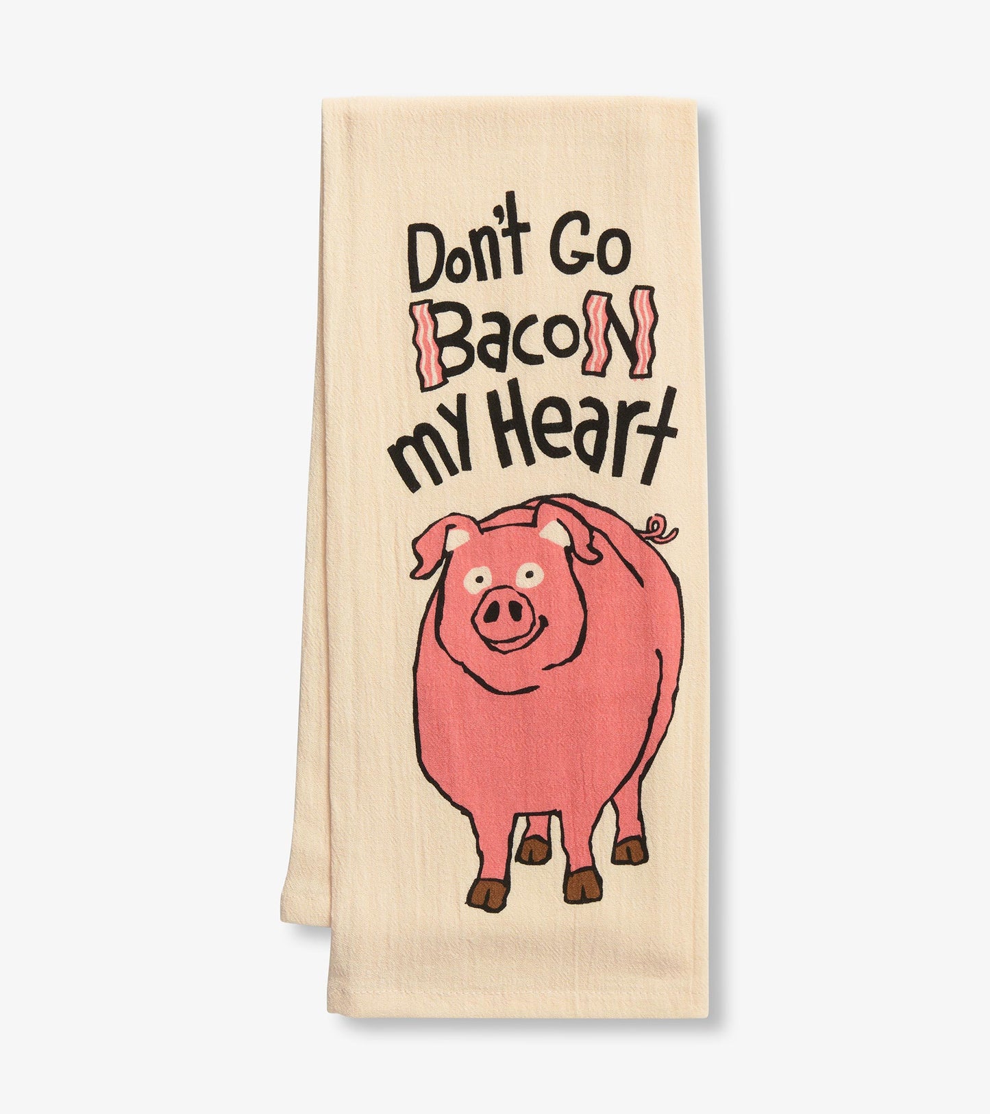 Beige tea towel featuring a playful pink pig illustration and the text "Don't Go Bacon My Heart." Ideal for kitchen use.