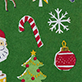 Holiday pattern with Santa faces, candy canes, snowflakes, Christmas trees, and red ornaments on green background