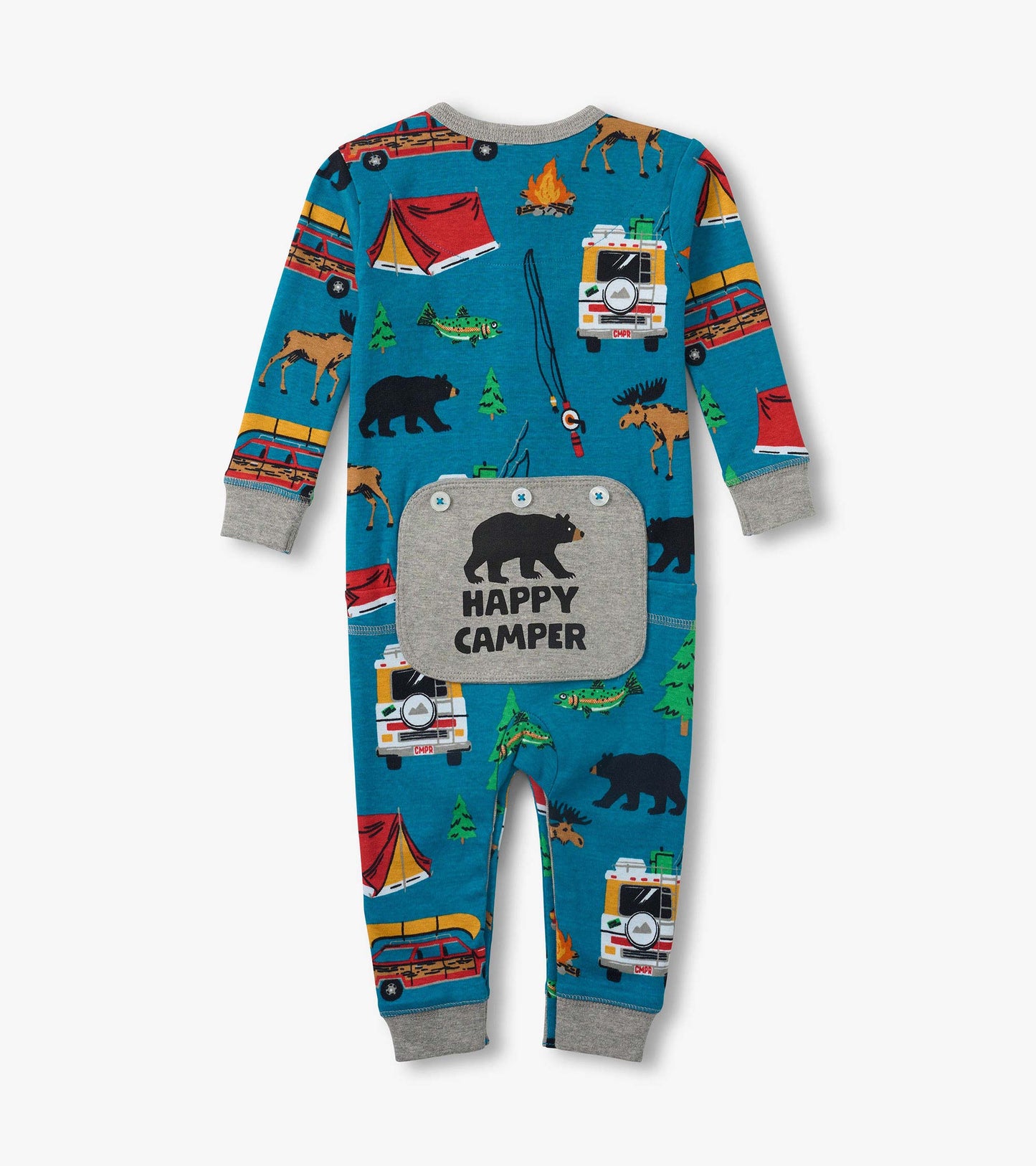 Blue long-sleeve baby onesie with camping print, gray cuffs, and front pocket reading Happy Camper