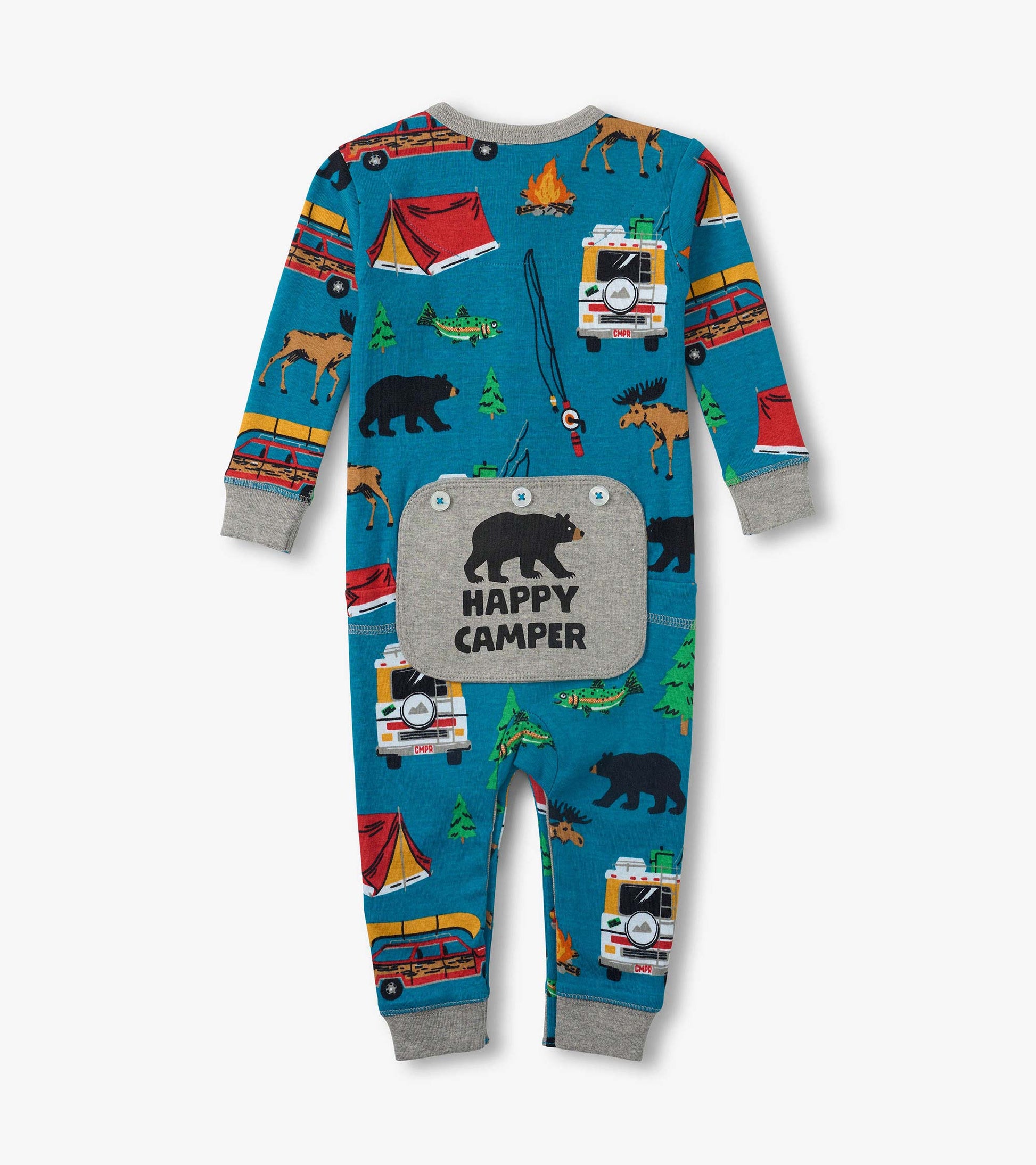 Blue long-sleeve baby onesie with camping print, gray cuffs, and front pocket reading Happy Camper