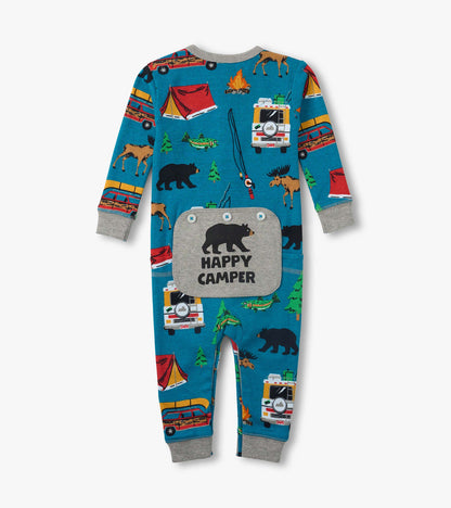 Blue long-sleeve baby onesie with camping print, gray cuffs, and front pocket reading Happy Camper