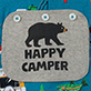 View Baby Retro Cabin Onesie - Brown bear above the words HAPPY CAMPER on a beige badge with rope hanging loops