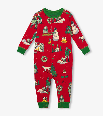 Front of red baby union suit with green trim and vintage Christmas print, with snap front and leg closures