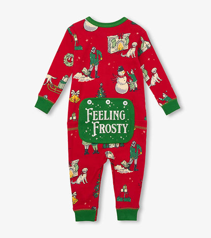 Back of red baby union suit with green trim, vintage Christmas print, and green 'Feeling Frosty' flap