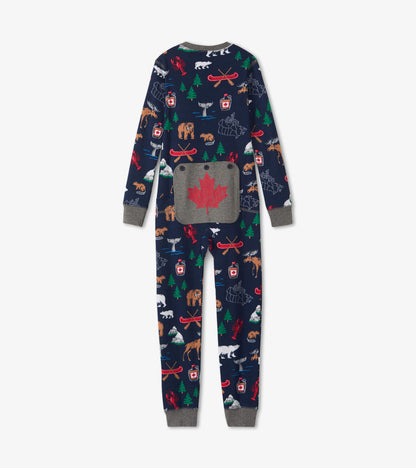 Back view of kids navy onesie with gray cuffs, flap seat, red maple leaf, and Canada-themed print