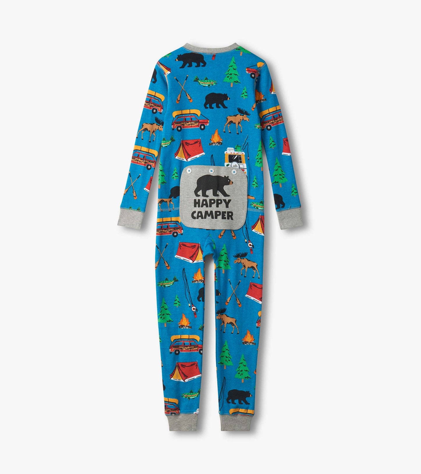 Blue long-sleeve kids onesie with camping print, gray cuffs, and front pocket reading "Happy Camper