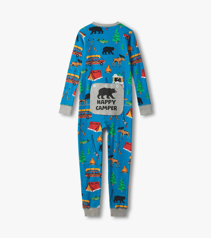 Blue long-sleeve kids onesie with camping print, gray cuffs, and front pocket reading "Happy Camper