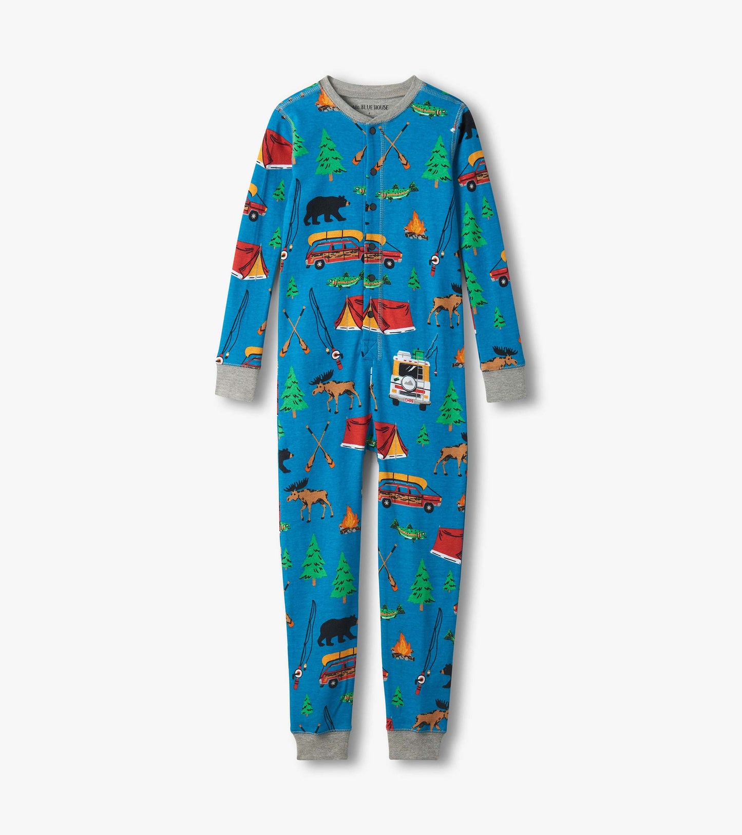 Blue kids onesie with camping print, long sleeves, gray cuffs, and front snap closure, front view