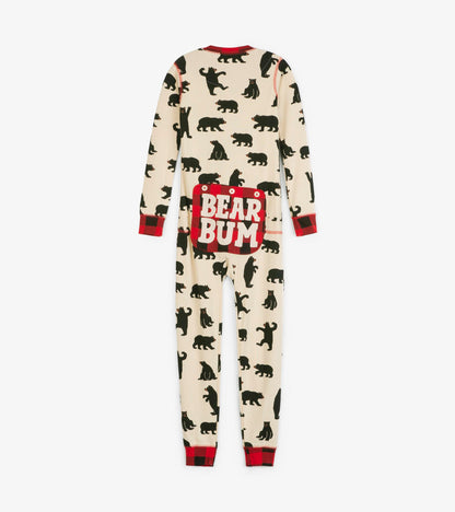 Cream-colored kids' onesie with black bear patterns and a red plaid accent on the back featuring "BEAR BUM.