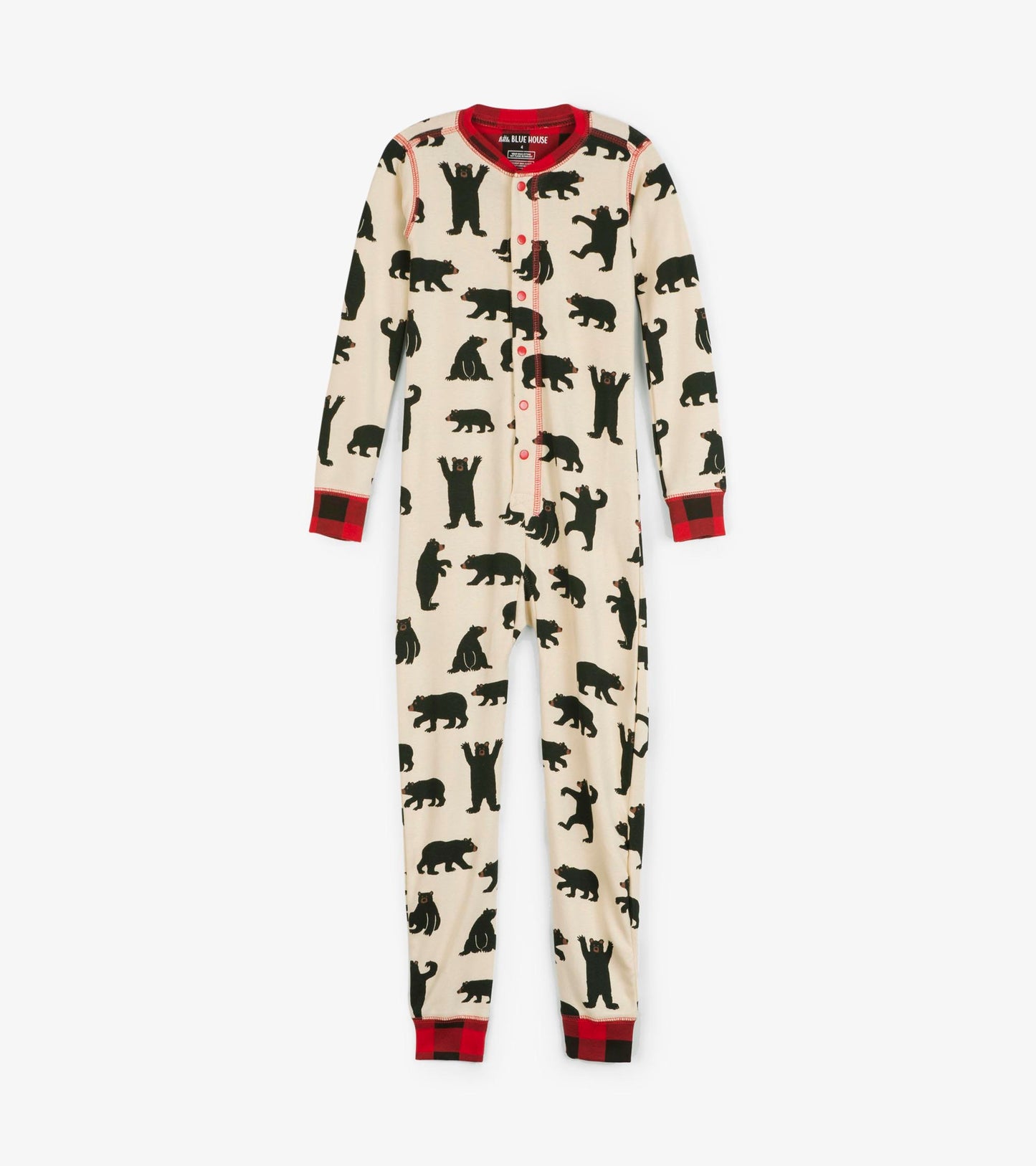 Cream-colored kids' onesie featuring black bear silhouettes and red plaid accents on the cuffs and collar.