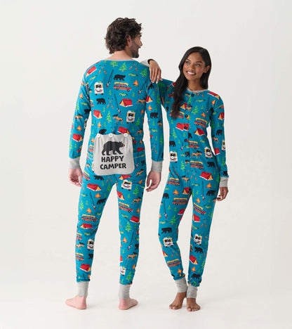Blue camping-print adult onesie with gray cuffs, shown front and back on two models