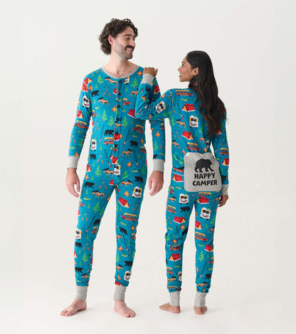 Blue camping-print adult onesie with gray cuffs, shown on two models, front and back views
