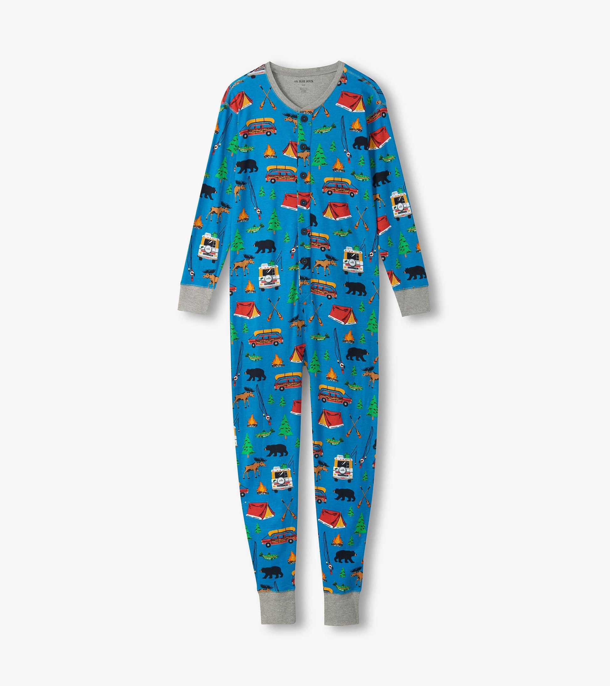 Blue long-sleeve adult onesie with camping print, gray trim, button front, and cuffed ankles, front view