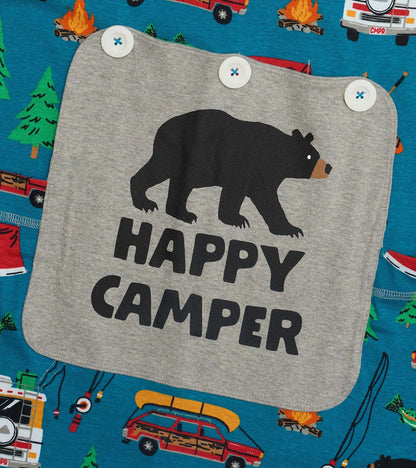 Gray chest patch with black bear and “HAPPY CAMPER” text on blue camping-print onesie fabric