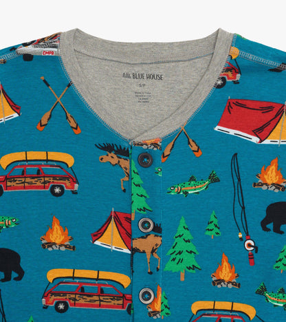 Blue adult onesie with camping print, gray ribbed collar, and front button placket close-up