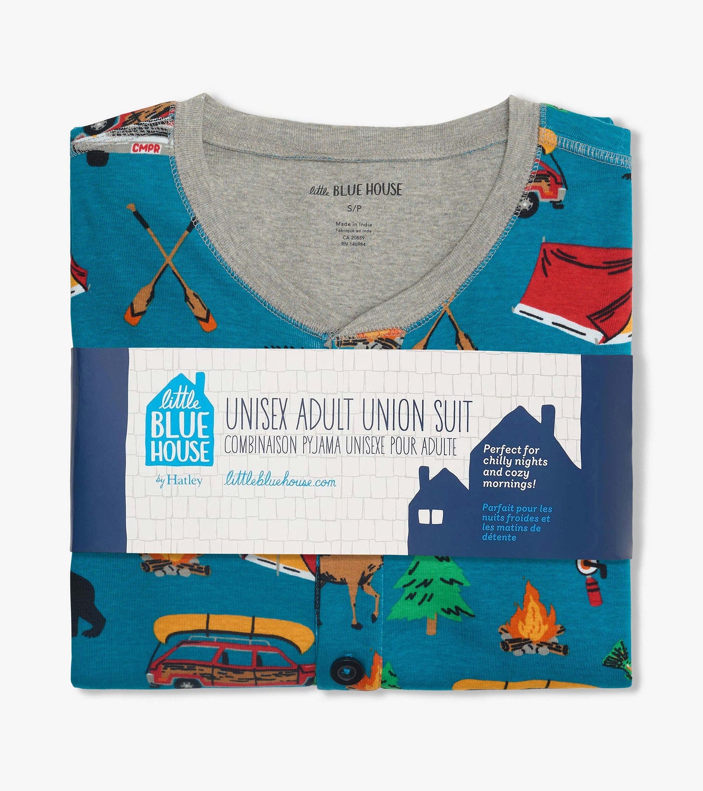 Folded blue camping-print adult onesie with gray neckline and button front, wrapped with a label band