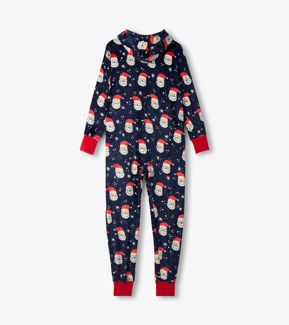 Back view of navy hooded jumpsuit with allover Santa face print and red ankle and wrist cuffs