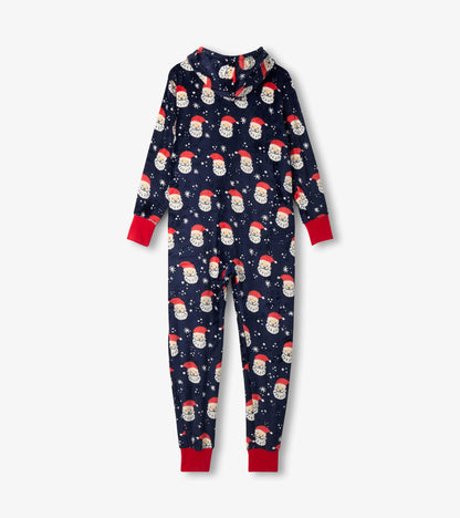 Back view of navy hooded jumpsuit with allover Santa face print and red ankle and wrist cuffs