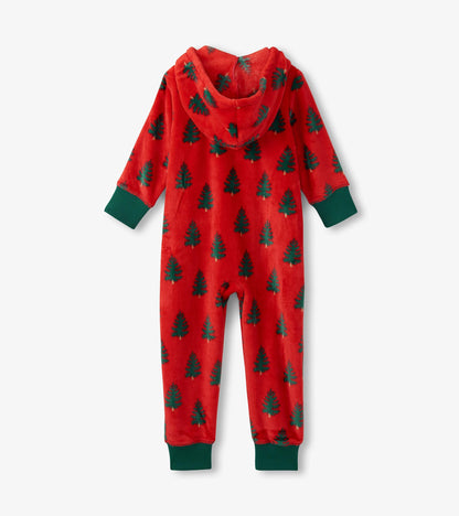Combinaison de jour à capuchon en molleton pour enfant – Sapins de Noël sur fond rouge
