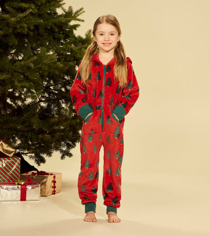 Combinaison de jour à capuchon en molleton pour enfant – Sapins de Noël sur fond rouge