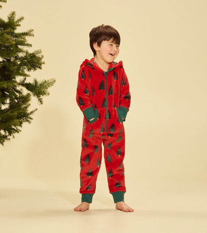 Combinaison de jour à capuchon en molleton pour enfant – Sapins de Noël sur fond rouge