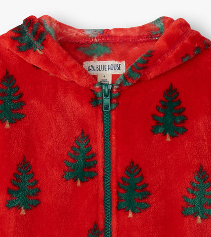 Combinaison de jour à capuchon en molleton pour enfant – Sapins de Noël sur fond rouge