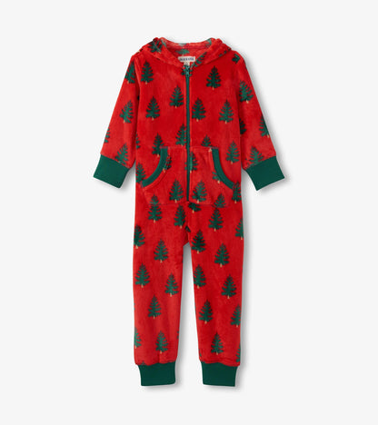 Combinaison de jour à capuchon en molleton pour enfant – Sapins de Noël sur fond rouge