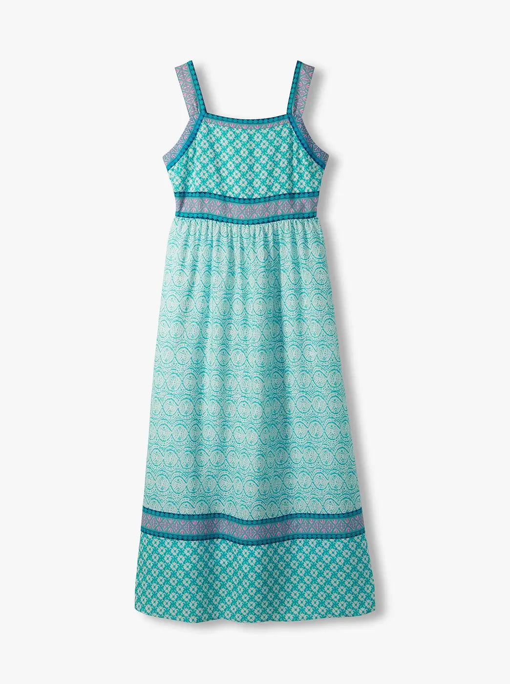 Promotes vacation dresses collection. Showing turquoise patterned sleeveless maxi dress on a plain background.