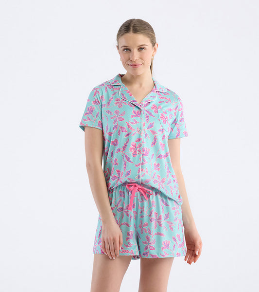 Women's Turquoise Batik Flowers Polyknit Short Pajama Set
