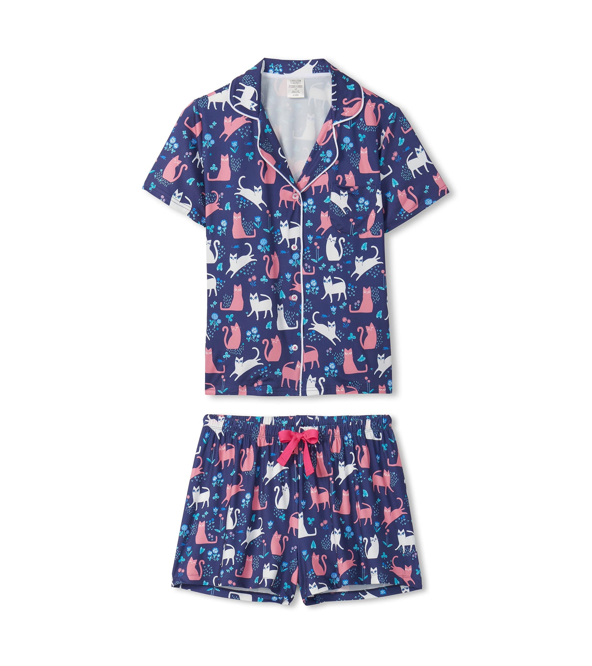 Navy short-sleeve button-down pajama set with cat print and matching shorts with pink drawstring, front view.