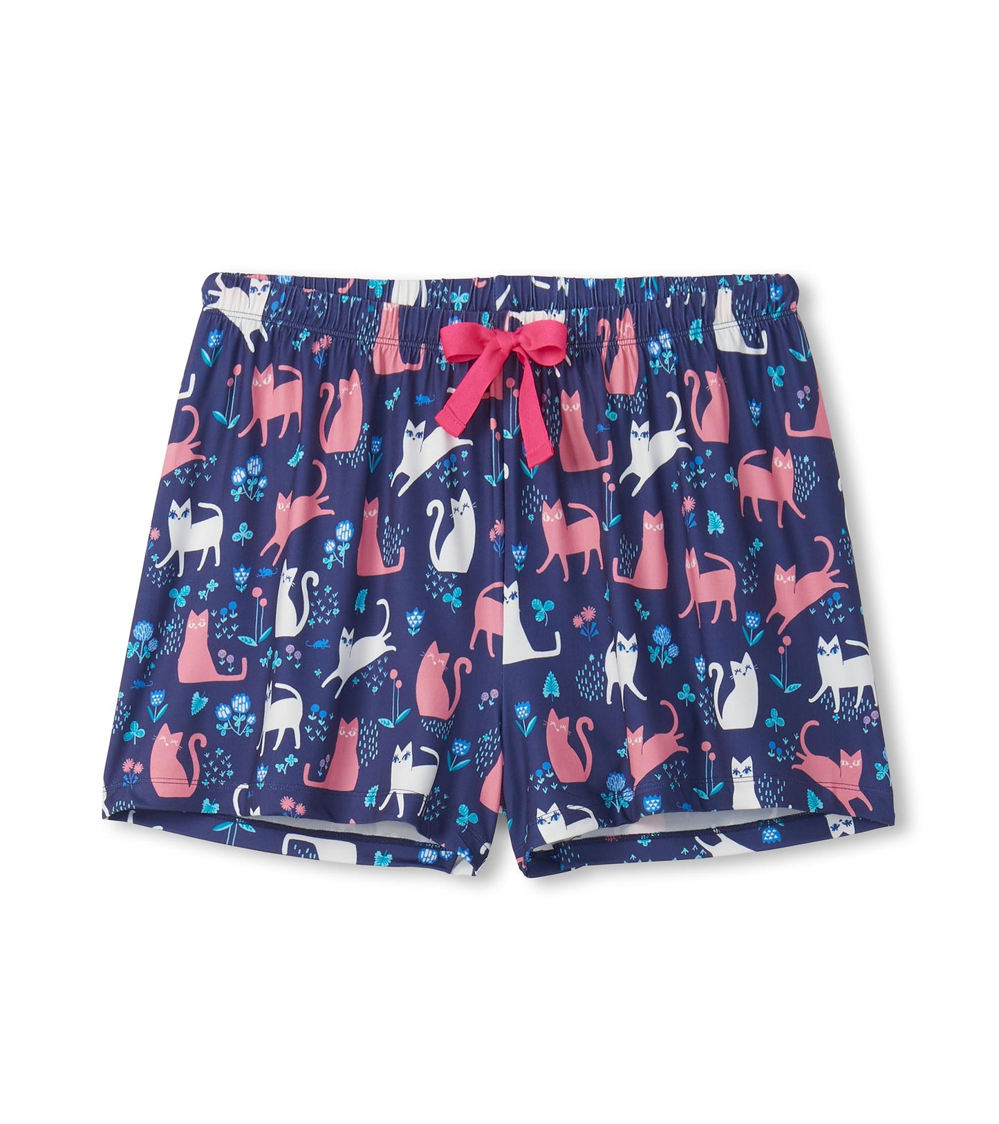 Navy polyknit pajama shorts with pink and white cat print, elastic waistband, and pink drawstring.