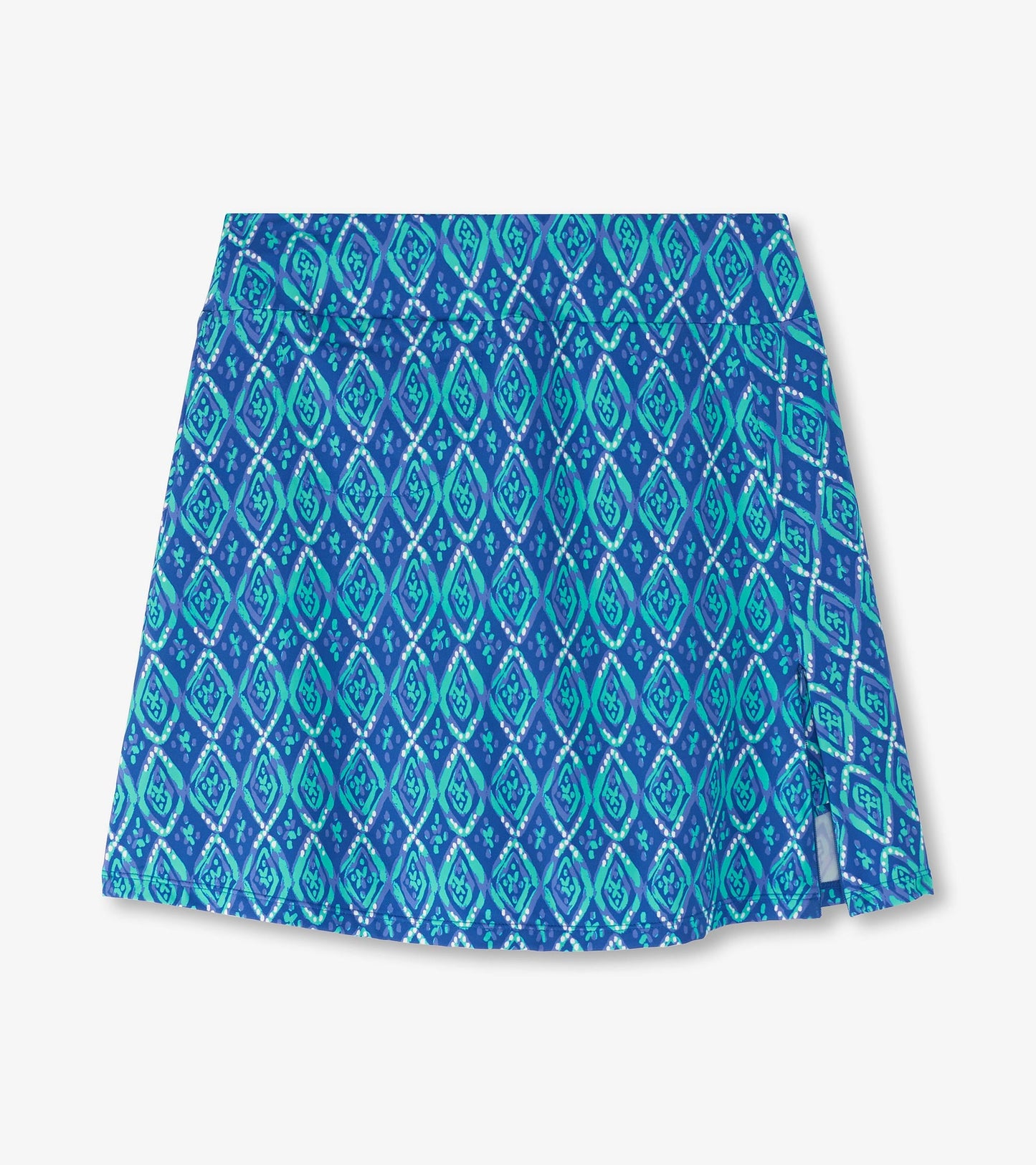 Blue skort featuring a diamond pattern in shades of teal and white, designed for casual wear.