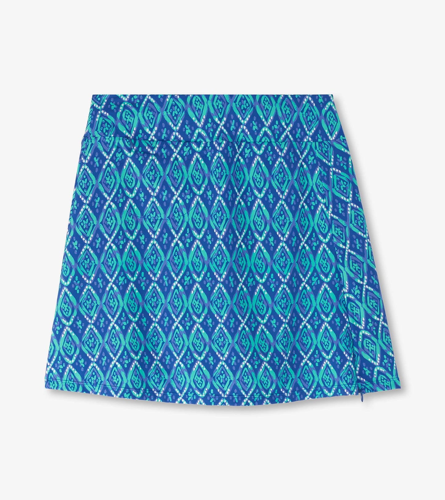 Blue skort featuring a diamond pattern in shades of teal and turquoise, designed for casual wear.