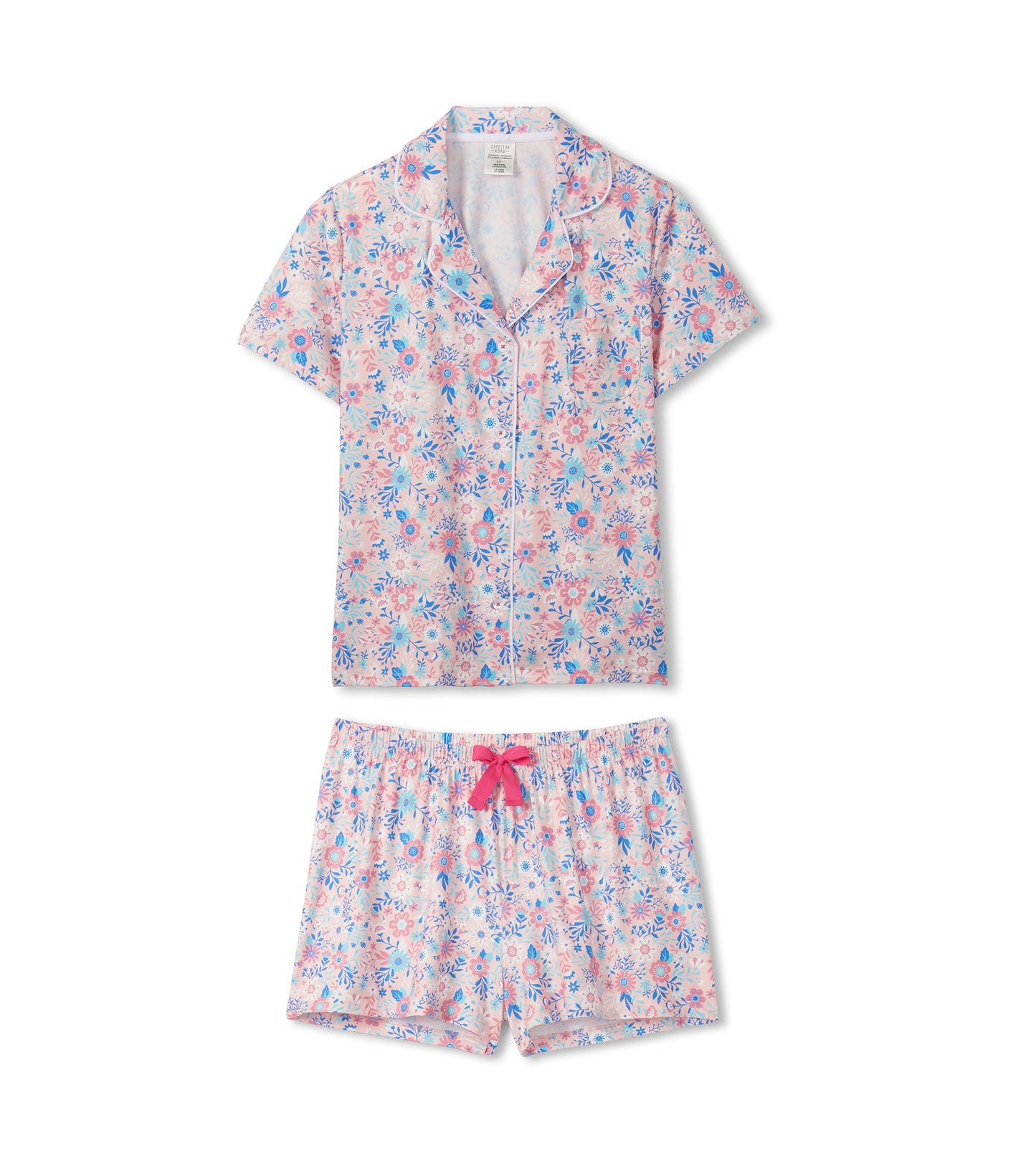 Pink floral button-down short pajama set with short-sleeve top and elastic-waist shorts, front view