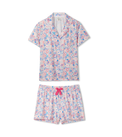 Pink floral button-down short pajama set with short-sleeve top and elastic-waist shorts, front view
