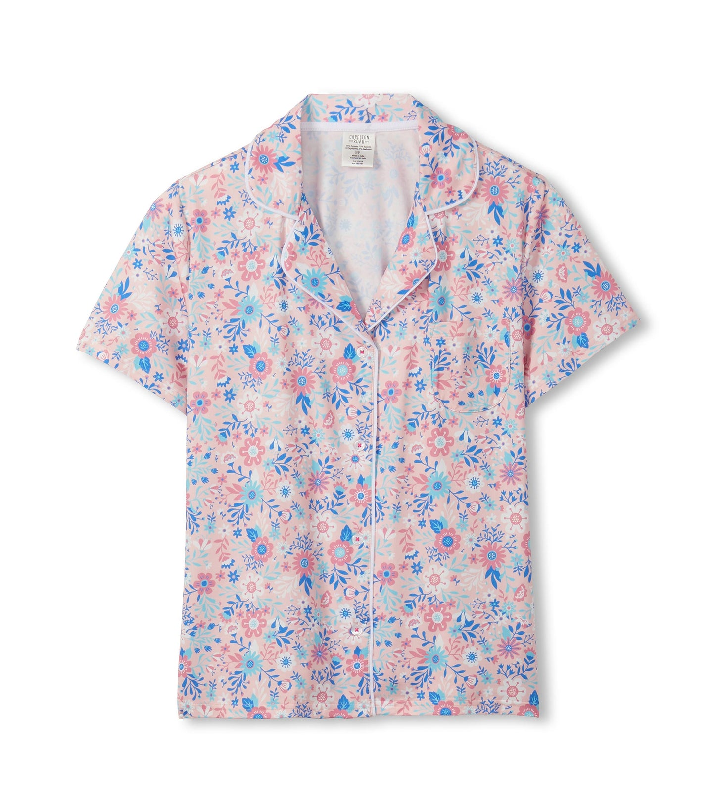 Pink floral short-sleeve button-down pajama top with blue and white flowers, front view