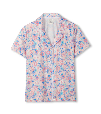 Pink floral short-sleeve button-down pajama top with blue and white flowers, front view