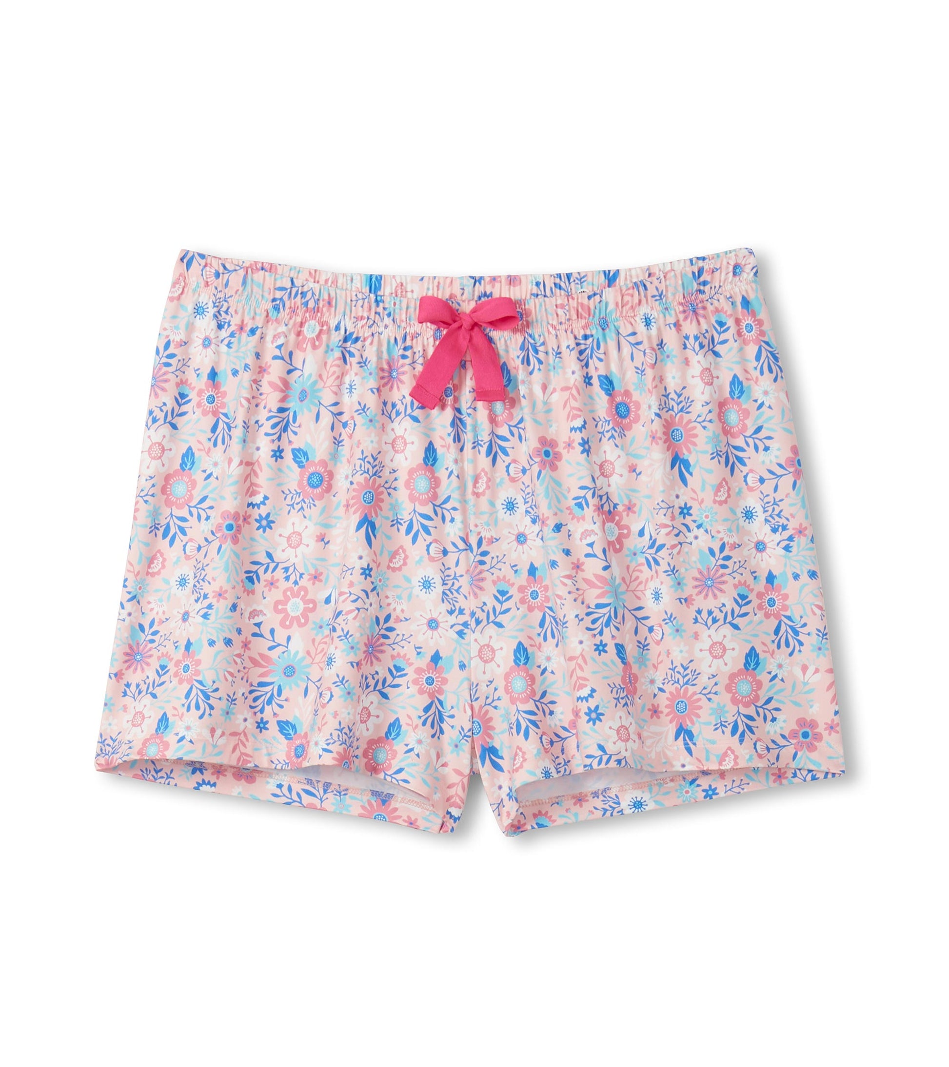 Pink floral women's pajama shorts with blue and teal flowers, elastic waist, and pink drawstring.