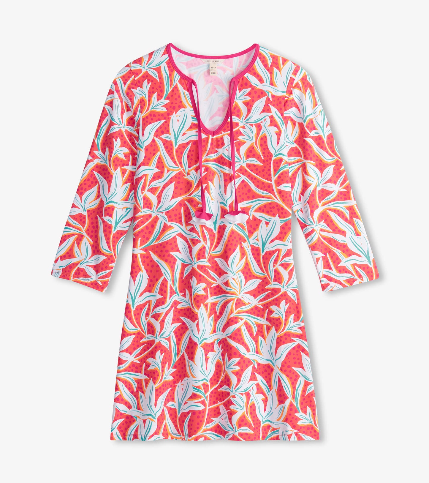 Bright pink beach dress featuring a leafy floral pattern and a V-neck with drawstring, ideal for summer wear.